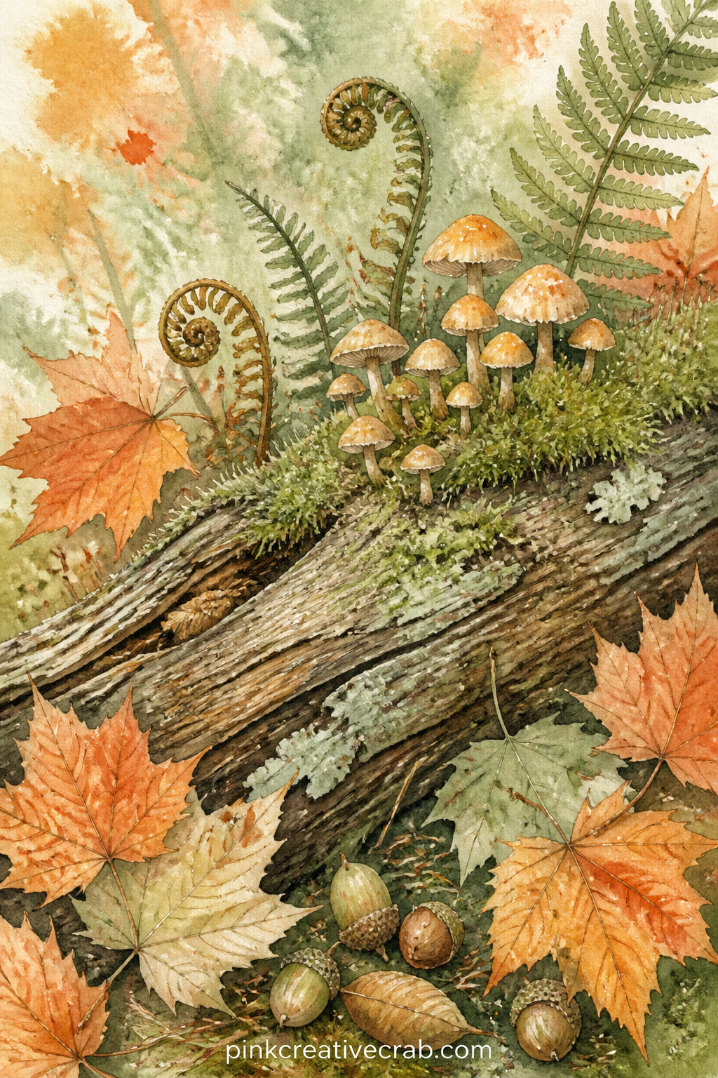 Mushrooms And Moss On A Log printable page — A fallen log hosts a cluster of small mushrooms, a patch of soft moss and a few curled fern fronds, painted leaf