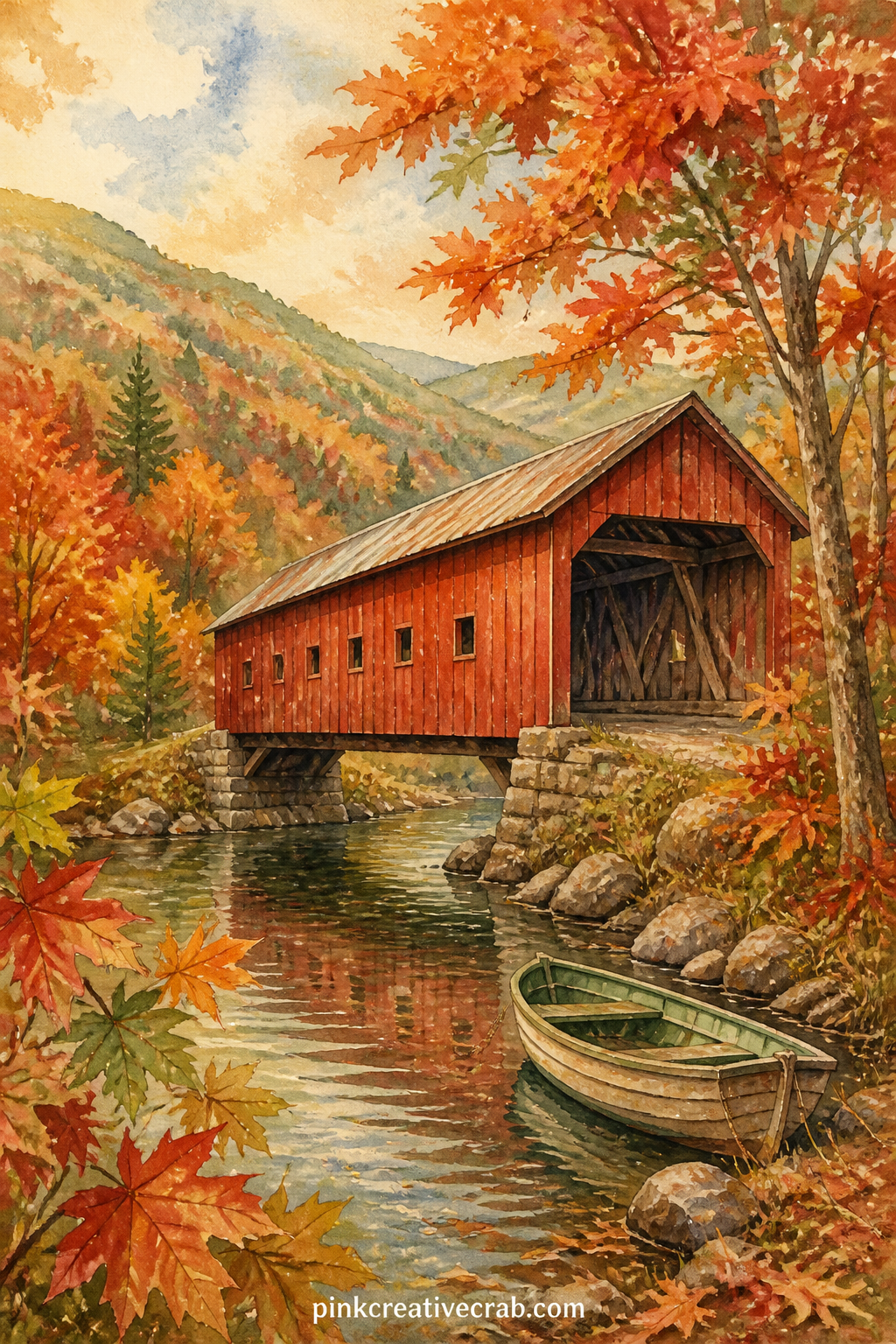 Covered Bridge In The Valley printable page — A red covered bridge crosses a narrow creek lined with maple trees in full color, a single row boat tied near the