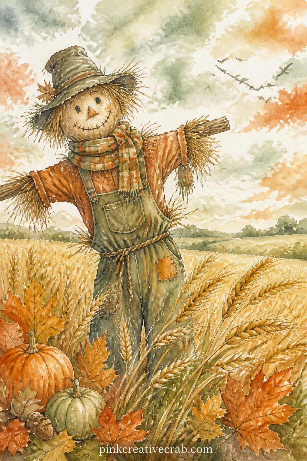 Scarecrow In A Wheat Field printable page — The usual mistake here is painting the scarecrow too stiffly centered: set it slightly off to one side with the