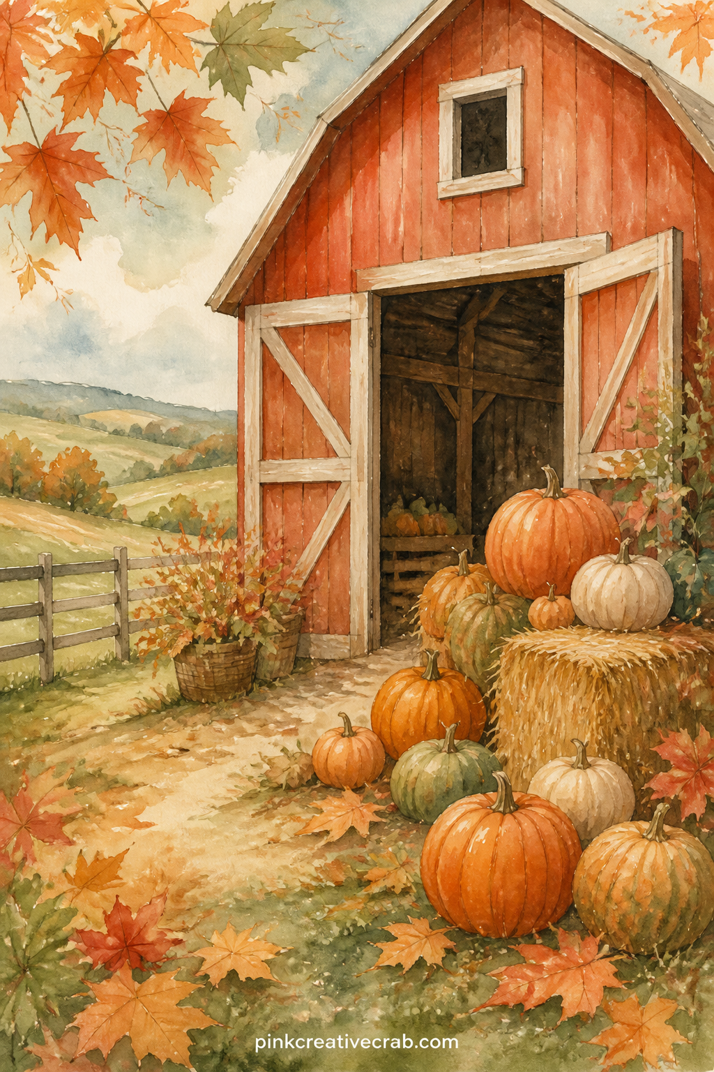Barn With Pumpkins Stacked Outside printable page — A red barn stands with its doors open, pumpkins stacked beside the entrance and a hay bale leaning near the