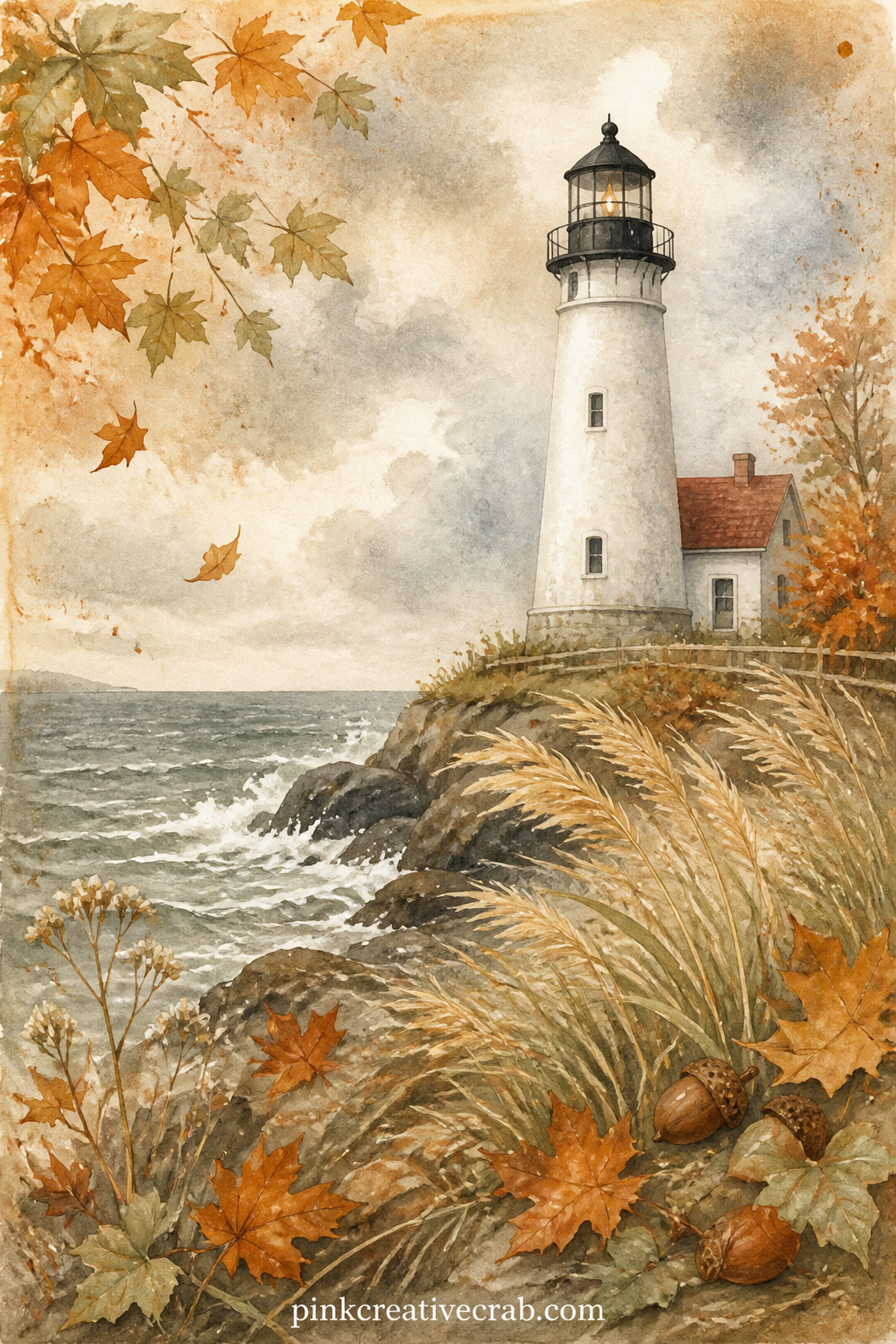 Lighthouse On An Autumn Coast printable page — A white lighthouse stands on a rocky point with sea grass bending in the wind, a scattering of fallen leaves