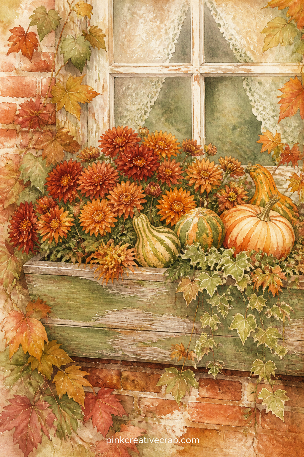 Window Box Of Mums And Gourds printable page — A weathered window box holds rust colored mums, small gourds and a trailing vine, set beneath a window with lace