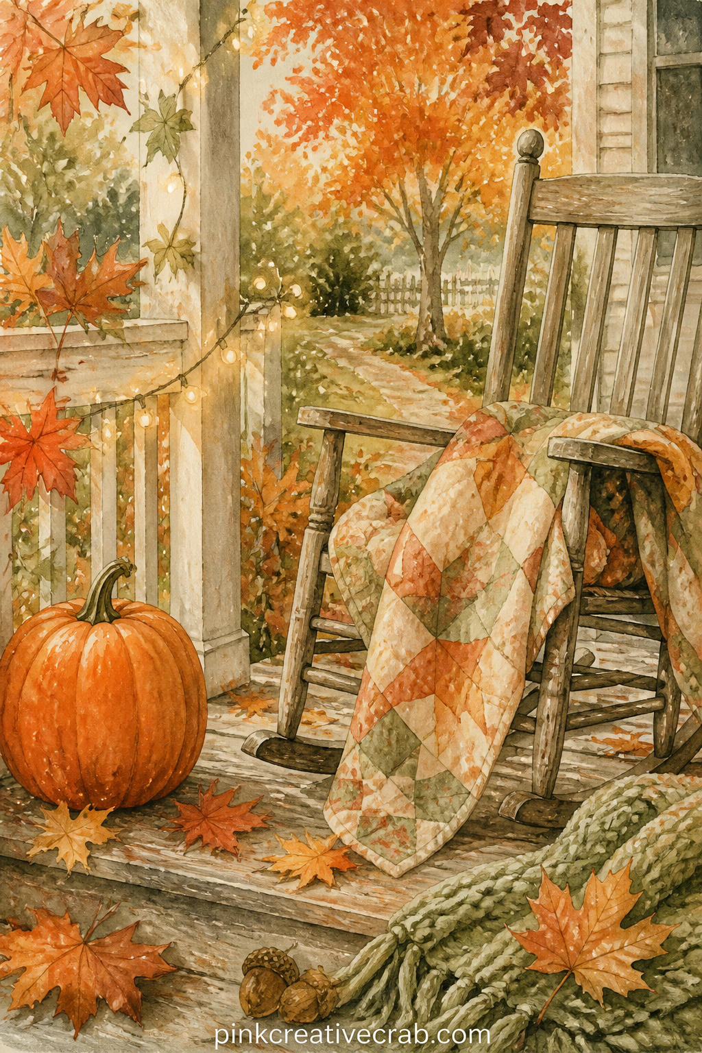 Front Porch With A Quilt printable page — Keep the five minute version of this page simple: a rocking chair, a folded quilt draped over its arm and one pumpkin