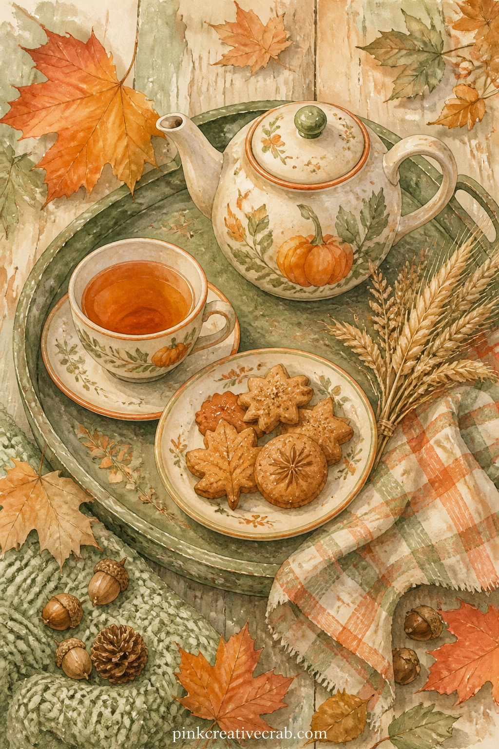 Tea Tray With Spiced Cookies printable page — A tray holds a teapot, a cup of tea and a small plate of spiced cookies, beside a sprig of dried wheat and a