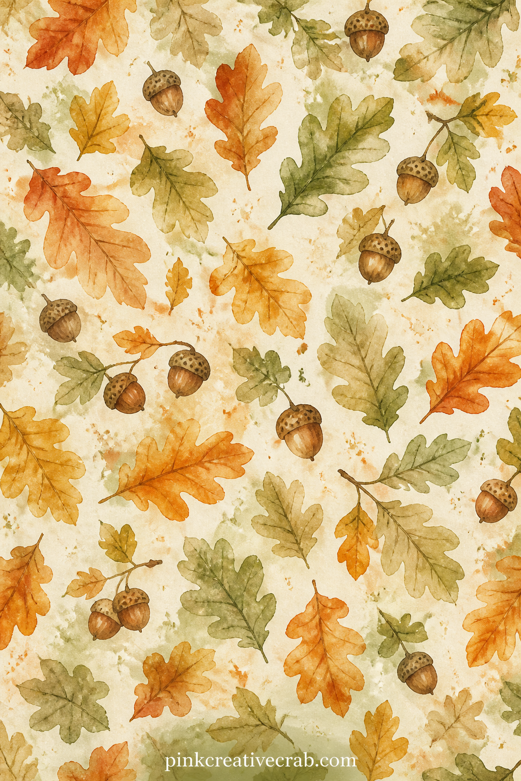 Acorns And Oak Leaves Pattern printable page — Scattered acorns and small oak leaves repeat edge to edge in this set's muted palette. Fall junk journal