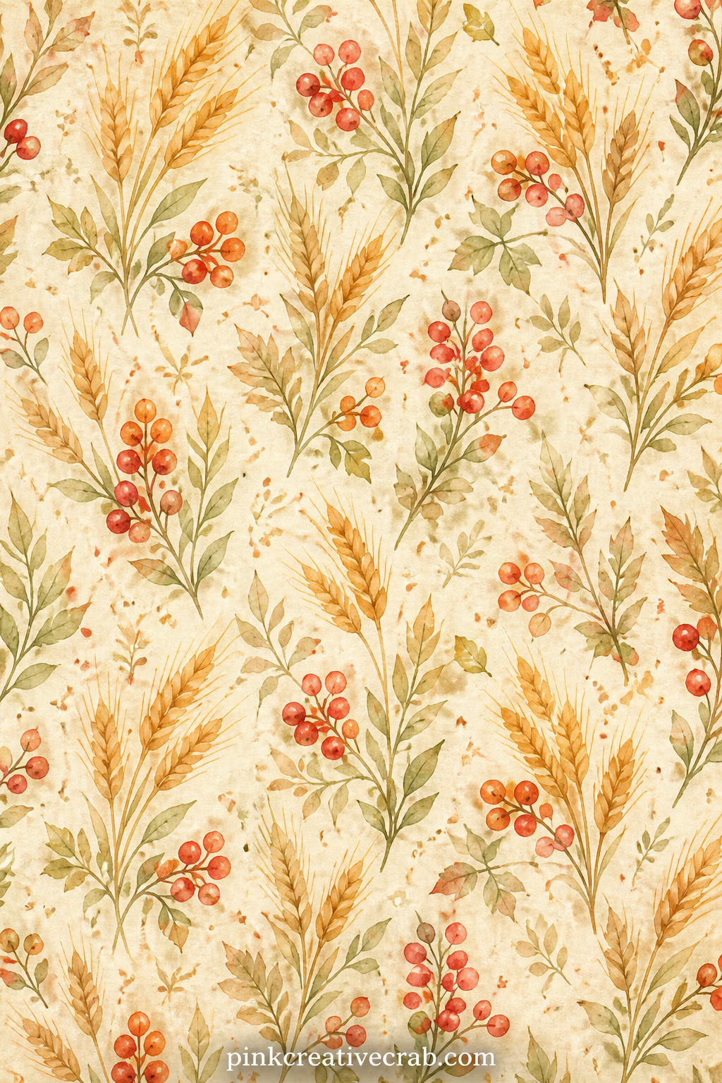 Wheat And Berries Pattern printable page — Stalks of wheat and small clusters of red berries repeat in loose rows across the sheet. Fall junk journal