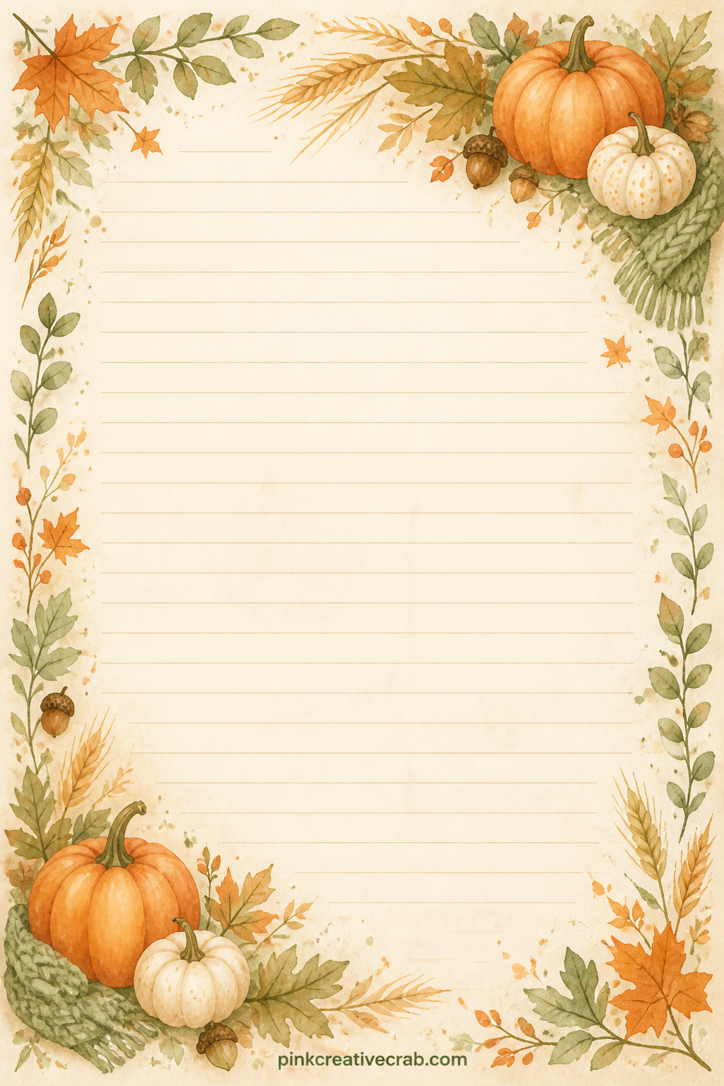 Harvest Gratitude Lined Page printable page — A corner spray of wheat and small pumpkins frames faint ruled lines at the center. Fall junk journal
