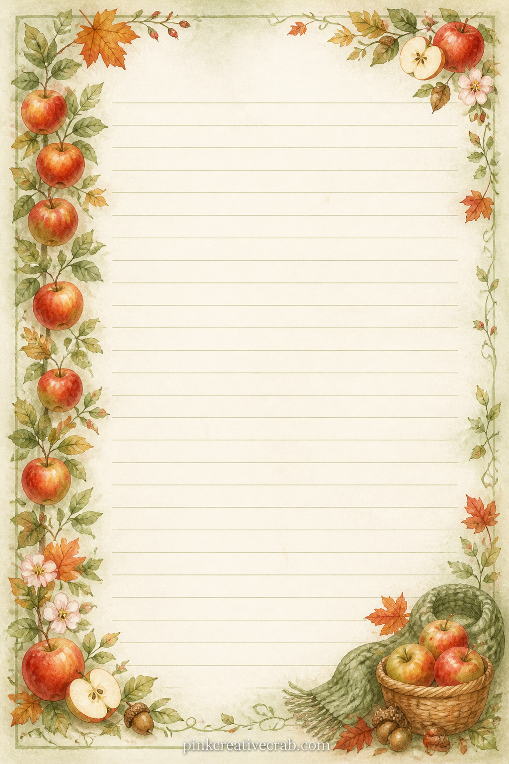 Apple Orchard Border Lined Page printable page — A thin band of apples and leaves runs down the left side beside faint ruled lines. Fall junk journal