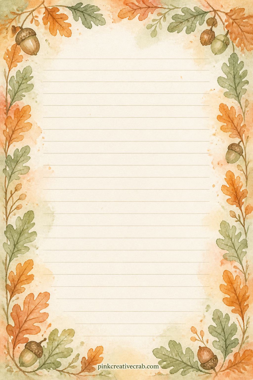 Oak Leaf Frame Lined Page printable page — A light frame of oak leaves and acorns borders the whole sheet around faint ruled lines. Fall junk journal