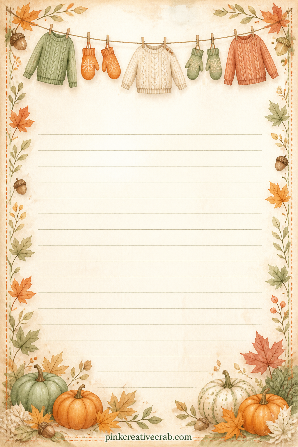 Cozy Sweater Lined Page printable page — A knitted border of small sweaters and mittens runs along the top edge above faint ruled lines. Fall junk journal