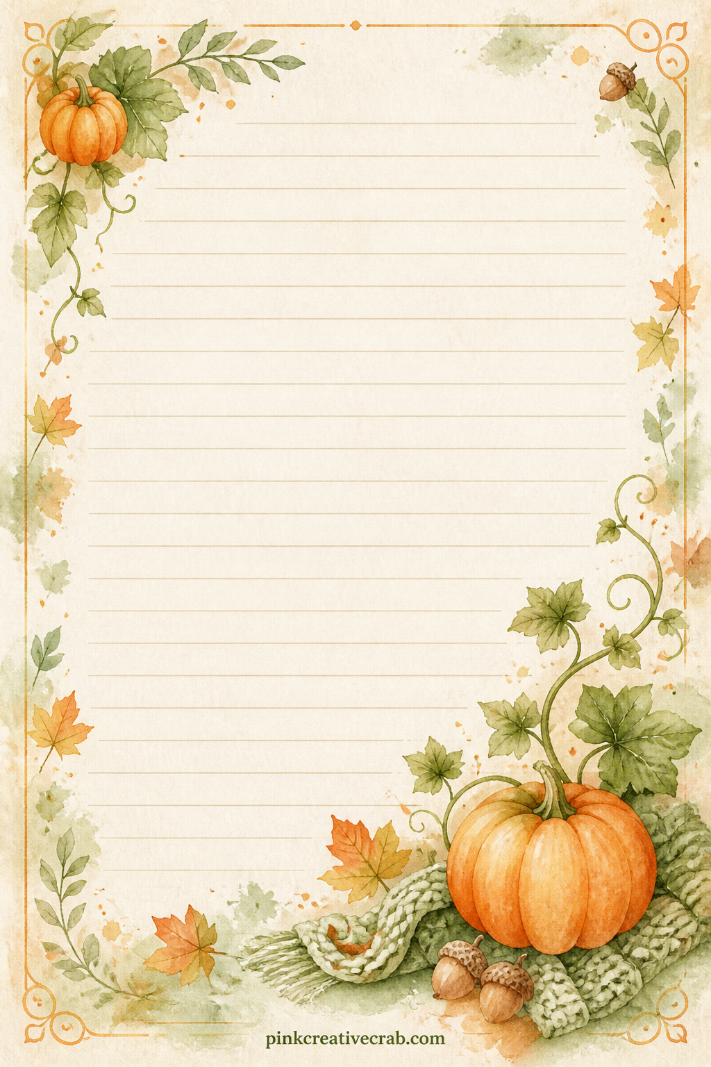 Pumpkin Vine Corner Lined Page printable page — A curling pumpkin vine with small leaves wraps one corner of the page above faint ruled lines. Fall junk journal