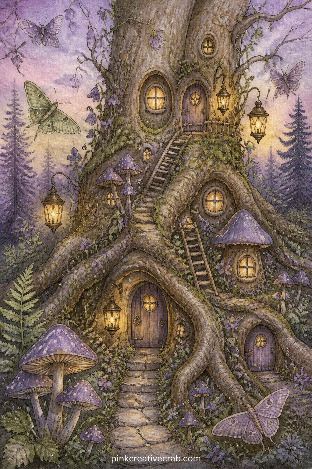 Fairy Village in Tree Roots printable page — Tiny doors, lit windows and curling stairways tucked among the roots of an old oak make a fairy village worth