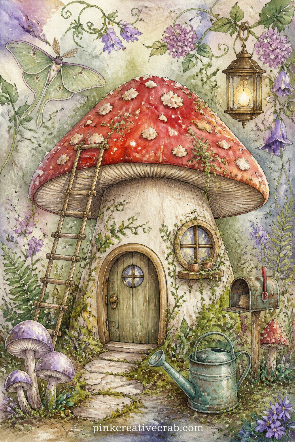 Mushroom House With Ladder printable page — Pair this page with the wings and tiny flowers background further on in the set: tear a strip of that pattern and