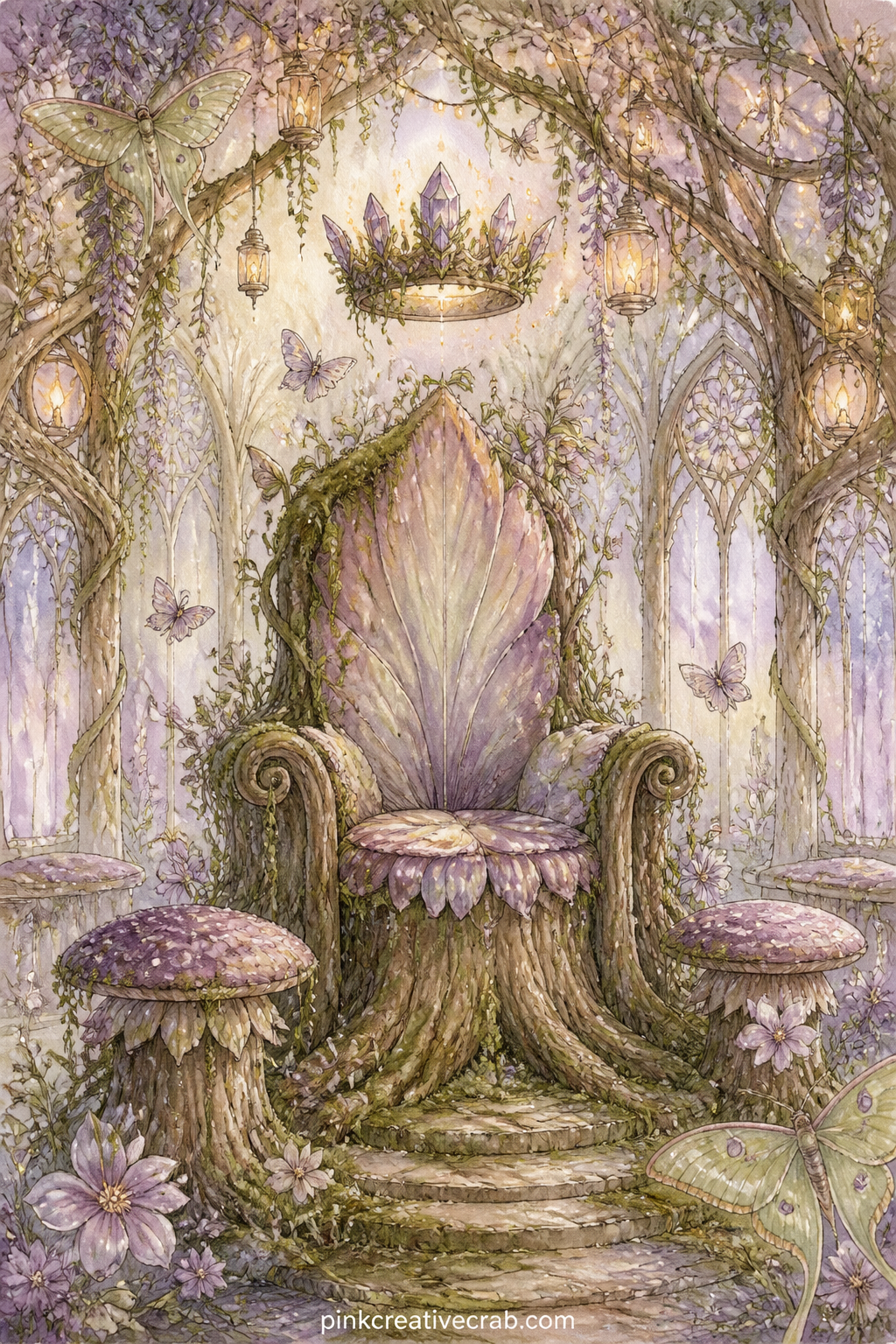 Fairy Queen's Throne Room printable page — A carved stump throne draped in petals, flanked by toadstool stools and a floating crown, sits at the centre of a