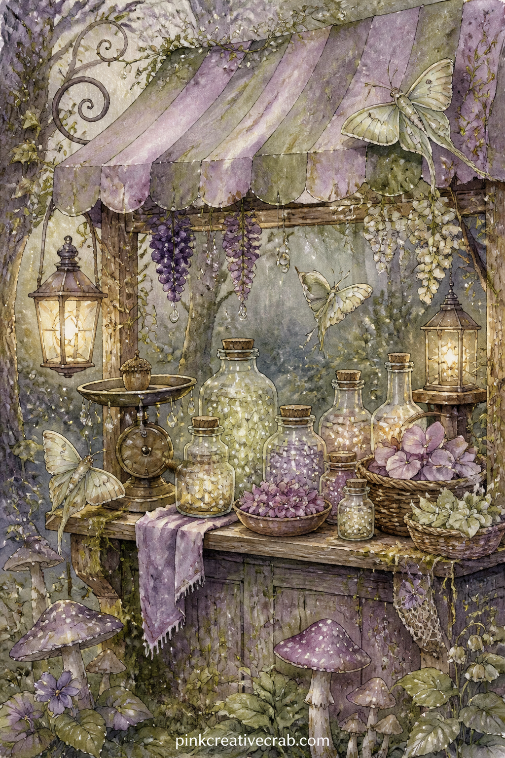 Fairy Market Stall of Dewdrops printable page — Jars of bottled dewdrops, strings of dried berries and a scale made from acorn caps turn one corner of the