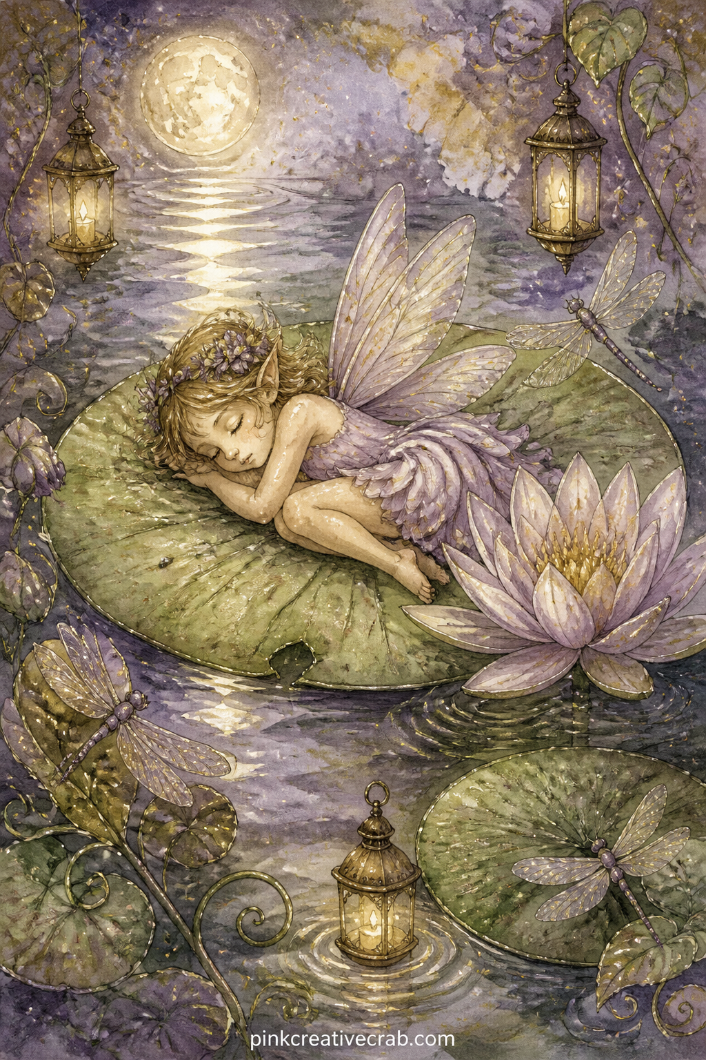 Fairy Asleep on a Lily Pad printable page — A single sleeping fairy curled on a wide lily pad under a trailing curtain of water lilies, drifting across a quiet