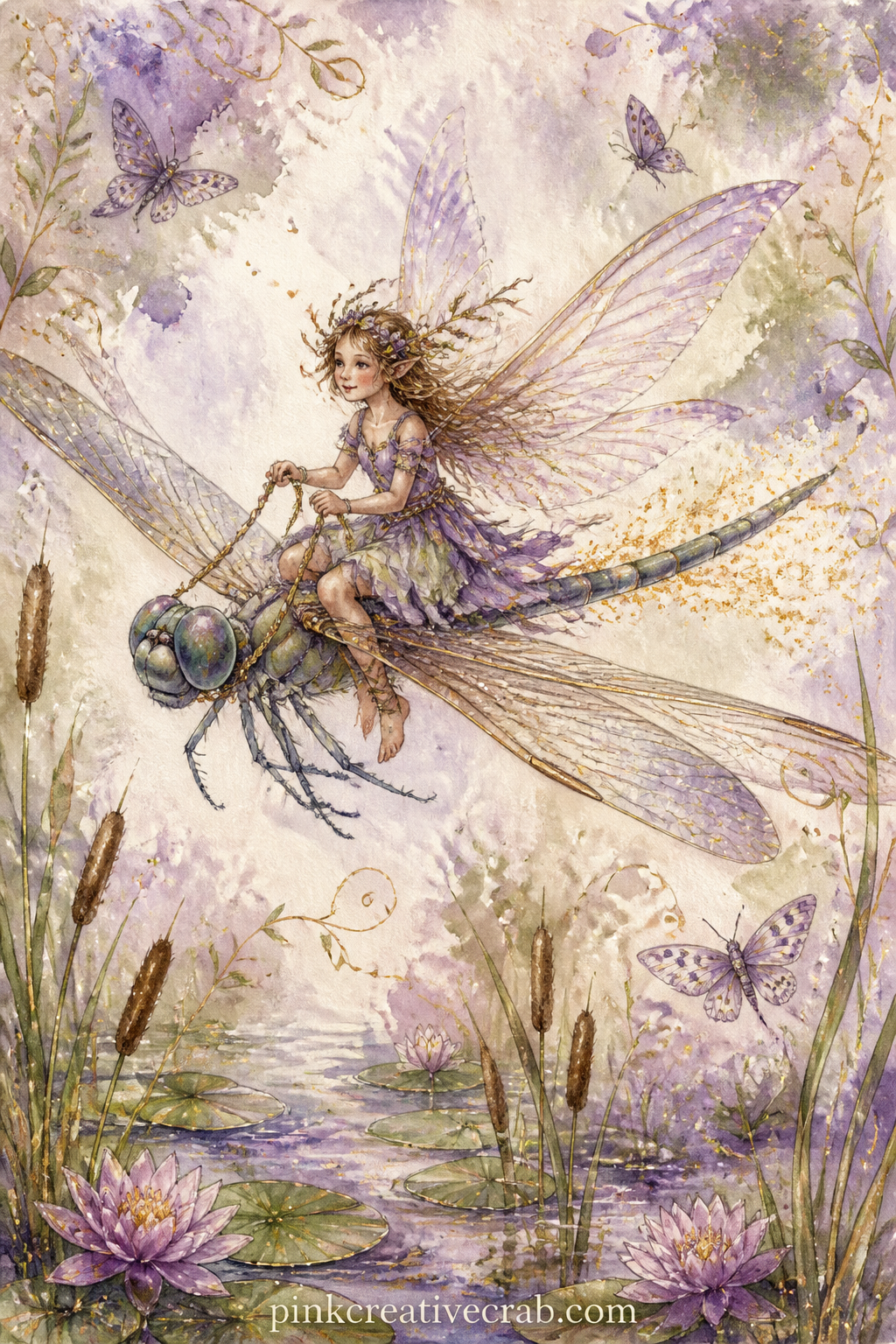 Fairy Riding a Dragonfly printable page — A fairy astride a dragonfly banks low over the reeds, trailing a thin line of sparkling dust behind her. Fairy junk