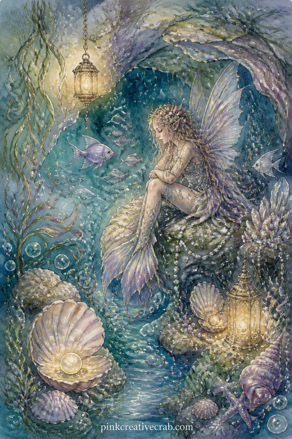 Underwater Fairy Grotto printable page — Glowing shells, strands of pearl and a fairy with fins instead of feet make this grotto page feel like it belongs