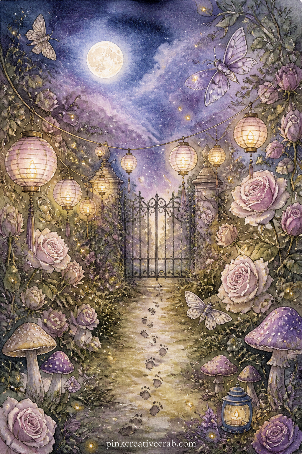 Moonlit Garden With Glowing Lanterns printable page — Rows of paper lanterns strung between rose bushes light a garden path where tiny fairy footprints lead