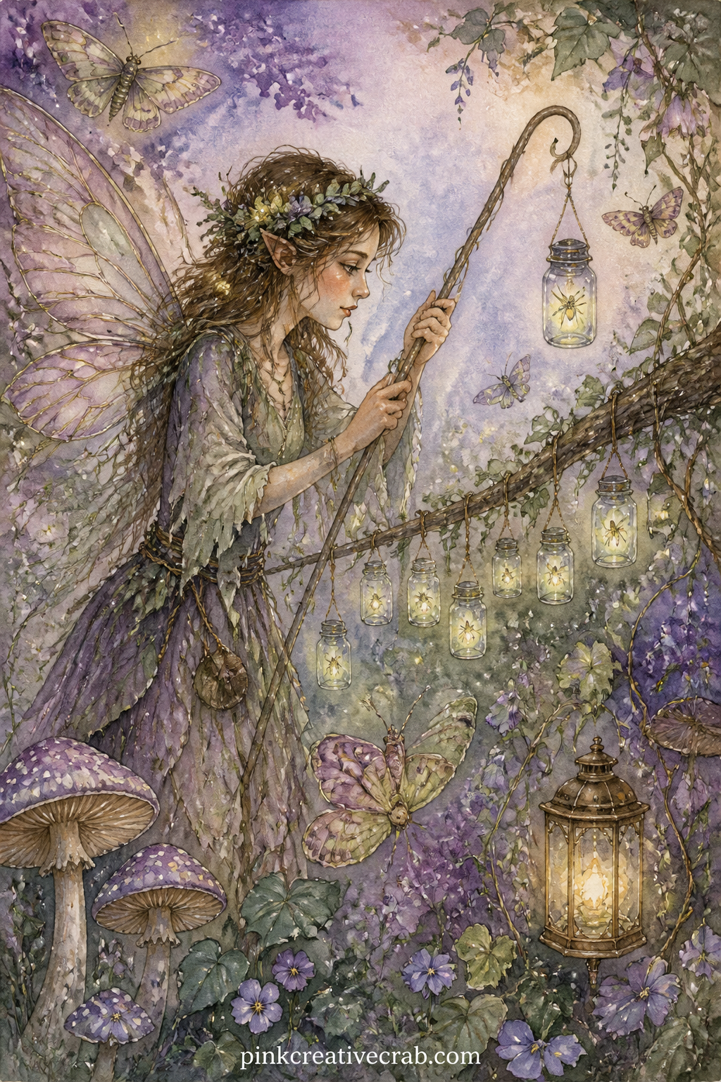 Firefly Lantern Keeper printable page — A fairy with a long hooked pole tends a row of jars, each one holding a single captured firefly glowing softly inside.