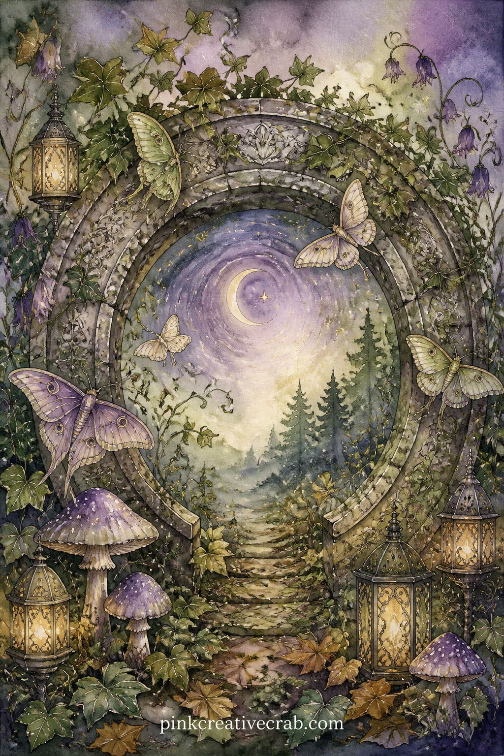 Moon Gate Portal printable page — The usual mistake with a portal page is painting the opening pure white, which looks unfinished once printed. Fairy junk