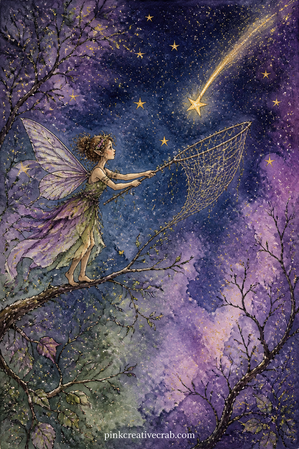 Star Catching Net printable page — A fairy balances on a thin branch, holding up a net woven from spider silk to catch a single falling star before it lands.