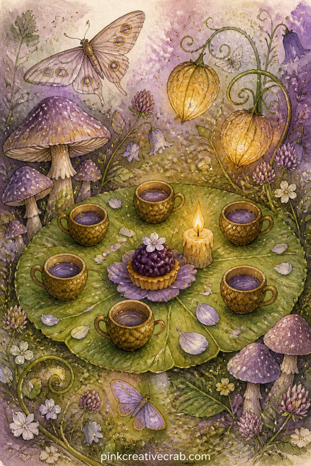 Candlelit Fairy Tea Party printable page — A circle of acorn cup teacups and a cake made from a single berry surrounds a small candle stub, set out on a round
