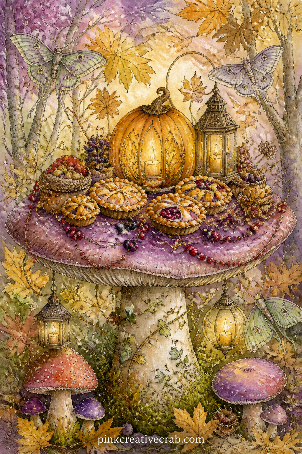 Harvest Feast on a Toadstool Table printable page — A long toadstool cap serves as the table for a harvest feast, laid with tiny pies, strings of berries and a