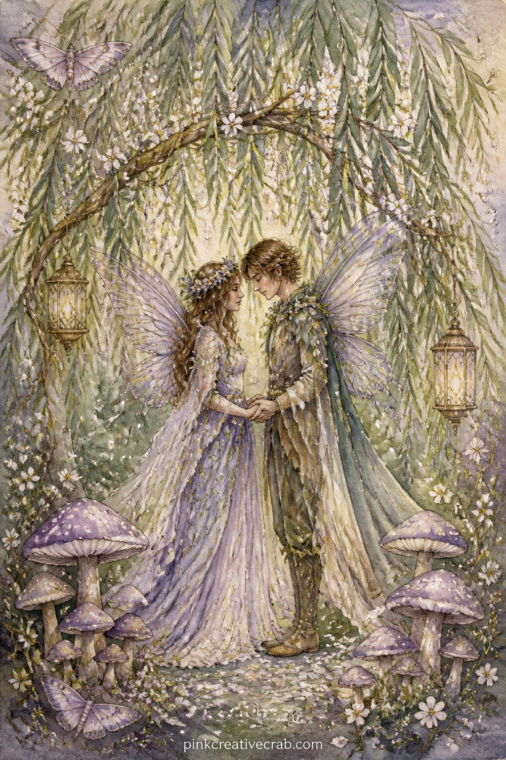 Fairy Wedding Under a Willow printable page — Beneath a trailing willow strung with tiny white blossoms, two small figures stand before a ring of mushrooms