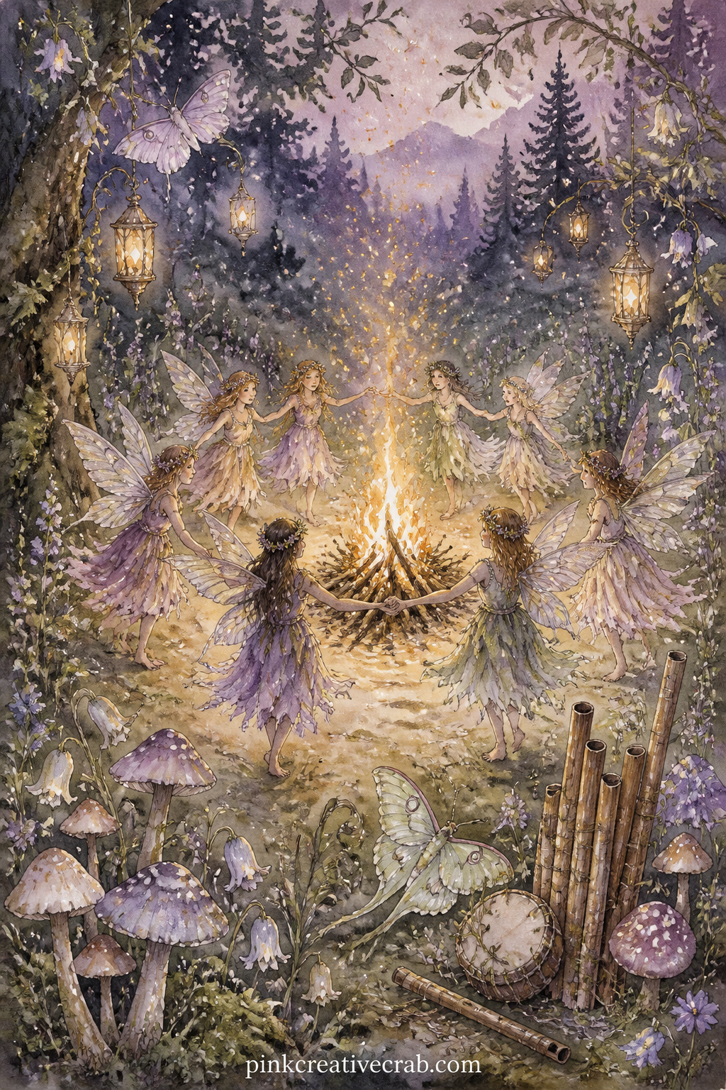 Midsummer Bonfire Circle printable page — A ring of small fairies dances around a low bonfire built from twigs, sparks rising into a sky just turning from dusk