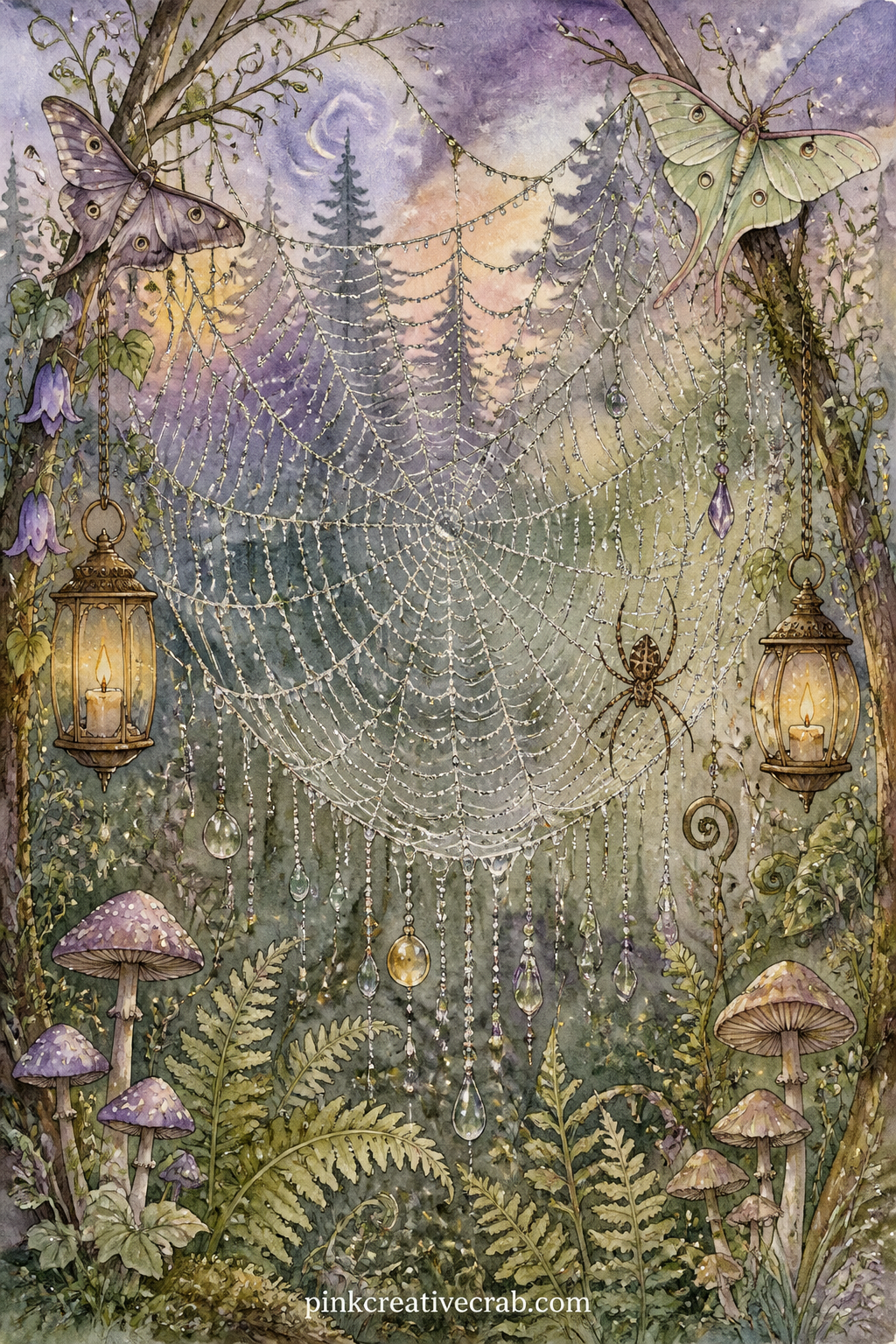 Spiderweb Lace Curtain printable page — A dew covered spiderweb stretched between two branches catches the last light of evening, strung with tiny glass beads