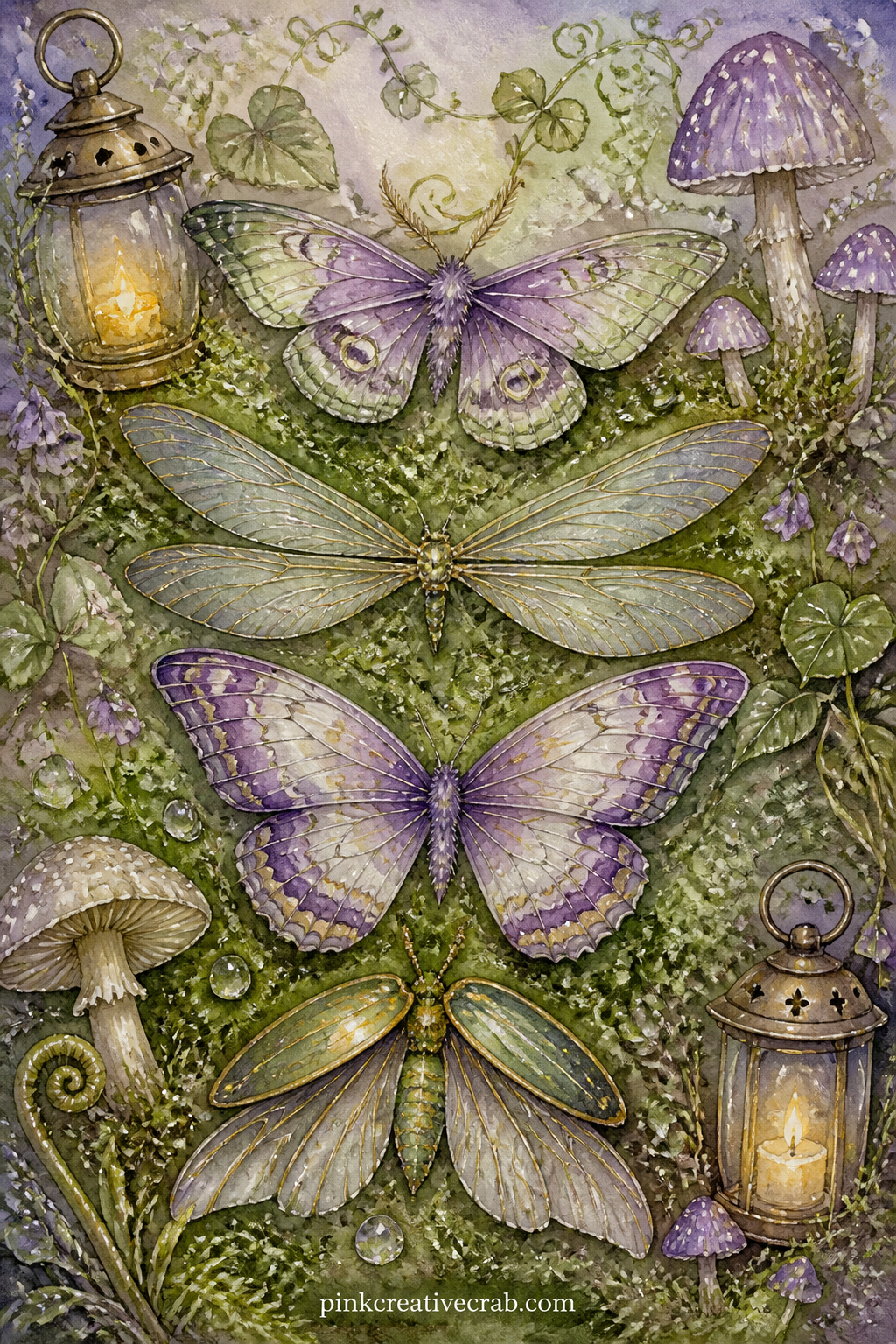 Collection of Fairy Wings printable page — Four pairs of wings in different shapes, moth, dragonfly, butterfly and beetle, rest side by side on a bed of moss