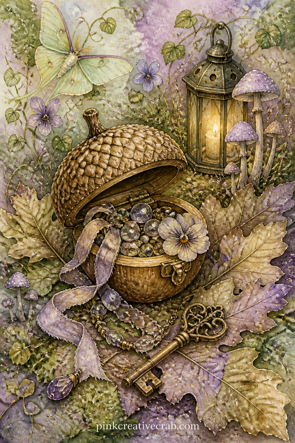 Acorn Cap Treasure Chest printable page — A small chest carved from a hollowed acorn sits open on a bed of leaves, spilling tiny glass beads, a curl of ribbon