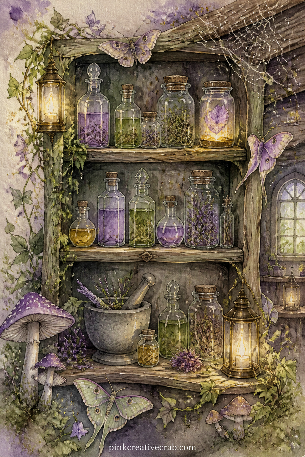 Fairy Apothecary Shelf printable page — Rows of small glass bottles line a crooked wooden shelf, each one holding a different coloured liquid, a dried herb, or
