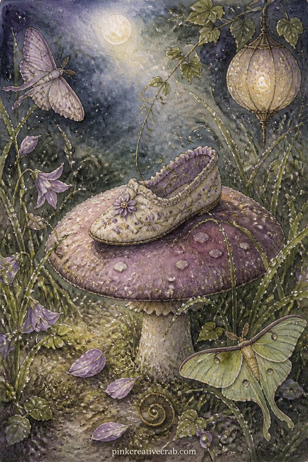 Fairy's Lost Shoe on a Mushroom printable page — One tiny embroidered shoe sits abandoned on a mushroom cap in a patch of moonlight, with no owner in sight and