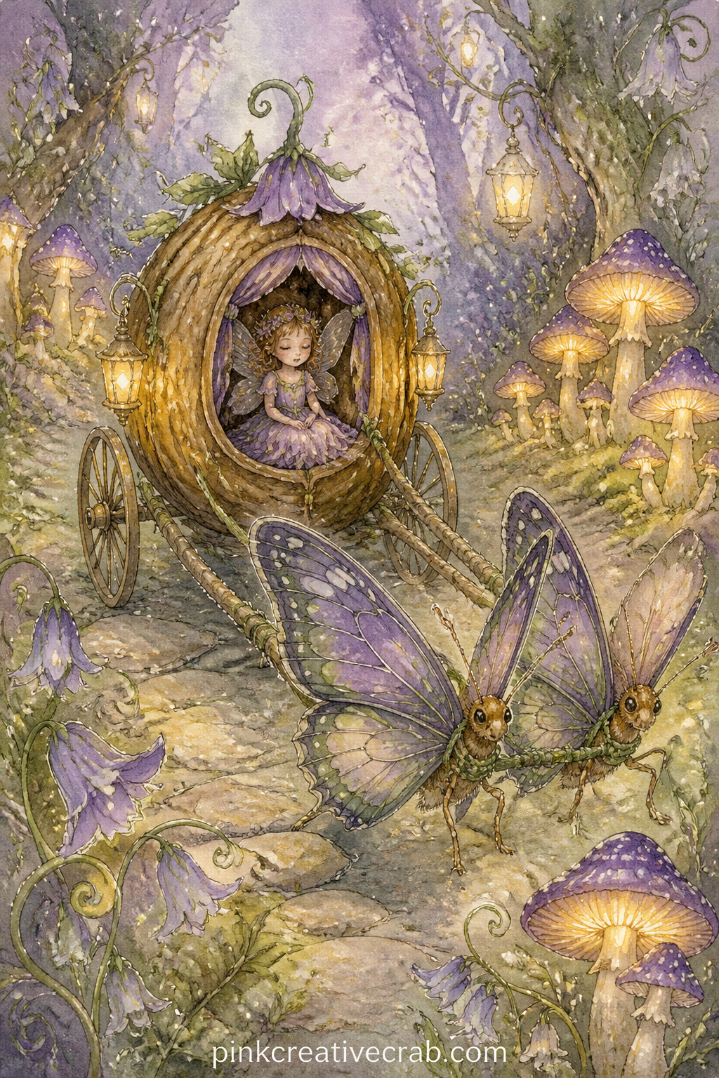 Butterfly Carriage and Escort printable page — A carriage built from a hollowed walnut shell, drawn by two harnessed butterflies, carries a small passenger