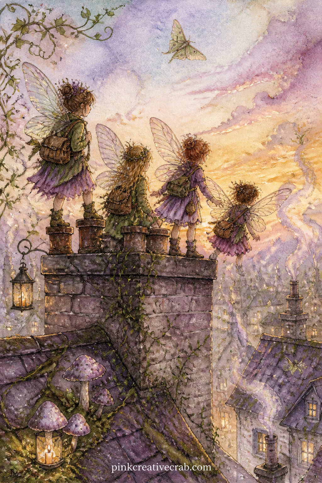 Rooftop Launch Point printable page — From the chimney top of a cottage, a cluster of fairies prepares for flight, wings half open and small travel bags slung