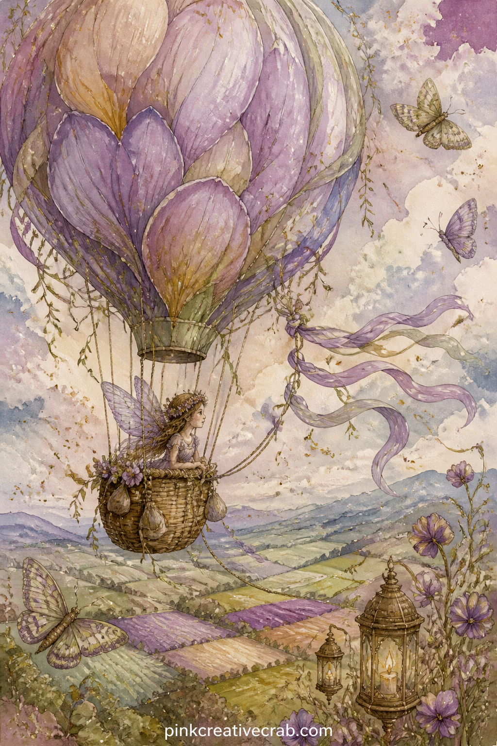 Hot Air Balloon of Petals printable page — A balloon stitched together from overlapping flower petals lifts a small woven basket into the sky, drifting above a