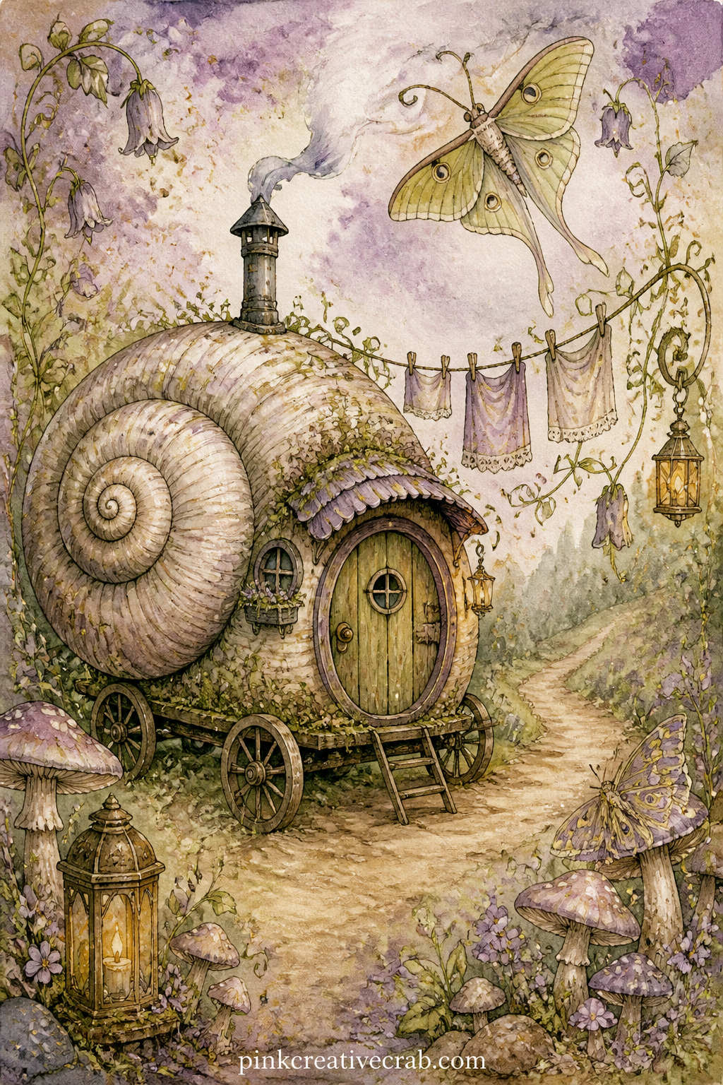 Snail Shell Caravan Home printable page — A fairy family lives in a caravan built from a single large snail shell, fitted with a tiny door, a chimney and a