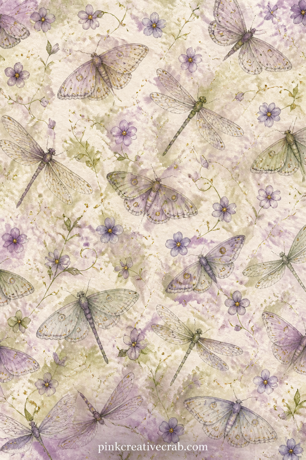 Wings and Tiny Flowers Pattern printable page — Small moth and dragonfly wings scatter across the page between clusters of tiny five petal flowers, repeating