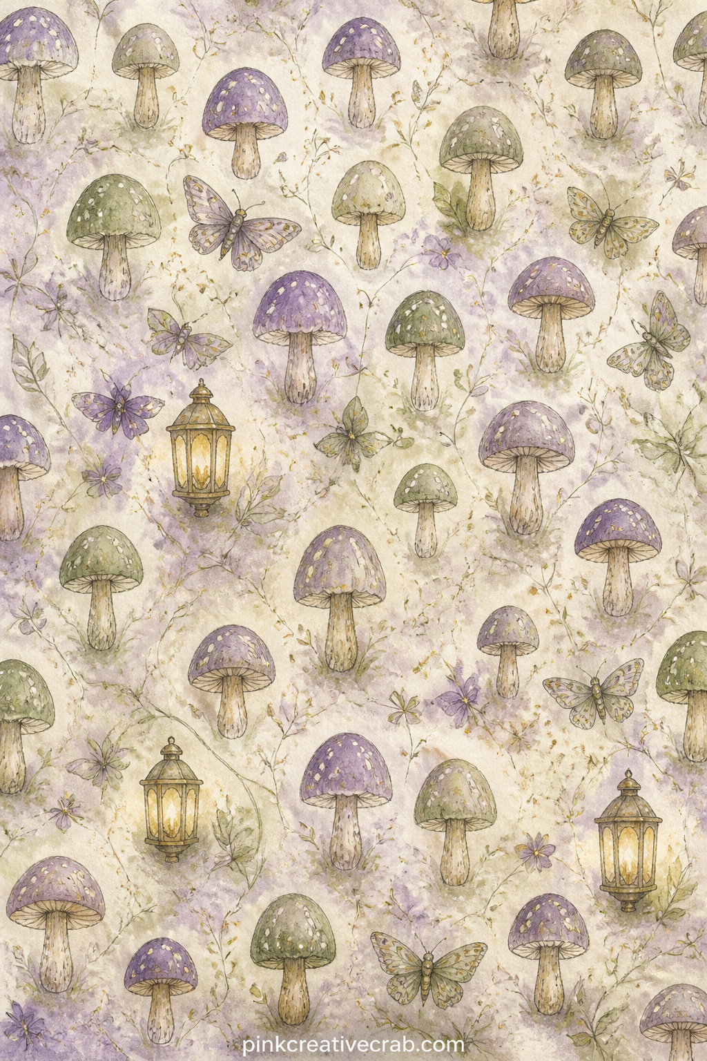 Mushroom Spot Background Paper printable page — Rows of small round mushroom caps in red, cream and soft brown repeat quietly across the page, spaced like a