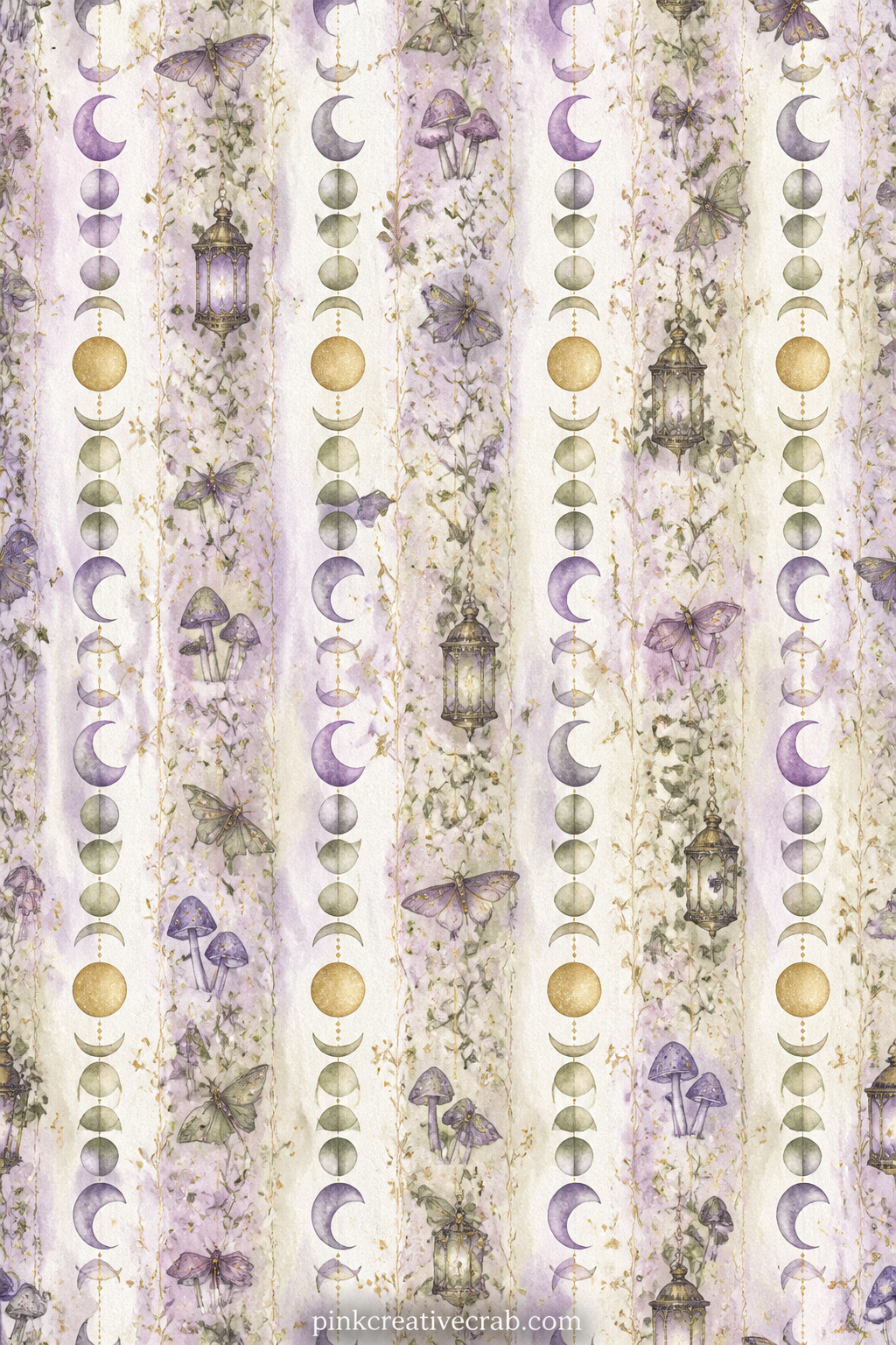 Moon Phase Stripe Background printable page — Narrow vertical bands carry a repeating line of small moon phases, from crescent to full and back again, down the