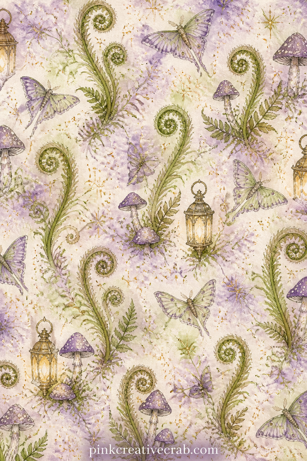 Fern and Fairy Dust Pattern printable page — Curling fern fronds alternate with small scattered specks of fairy dust across the whole sheet, light enough to