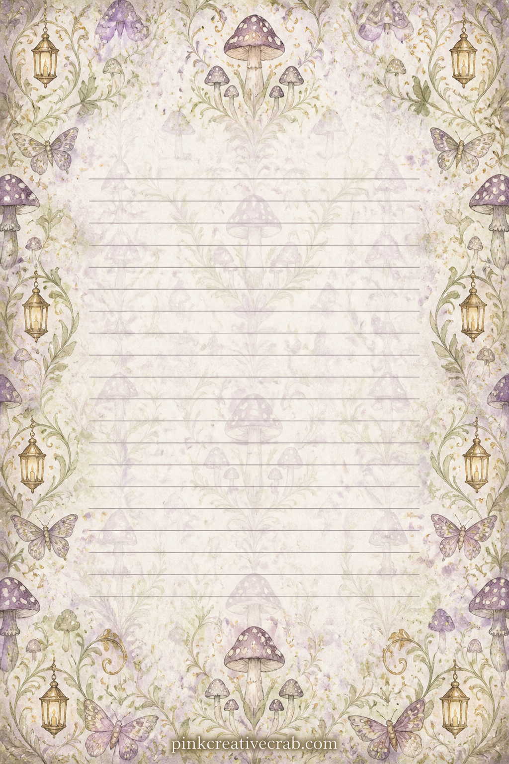 Toadstool Damask Background printable page — A formal damask style pattern builds its repeat from toadstool shapes and curling vines instead of the usual