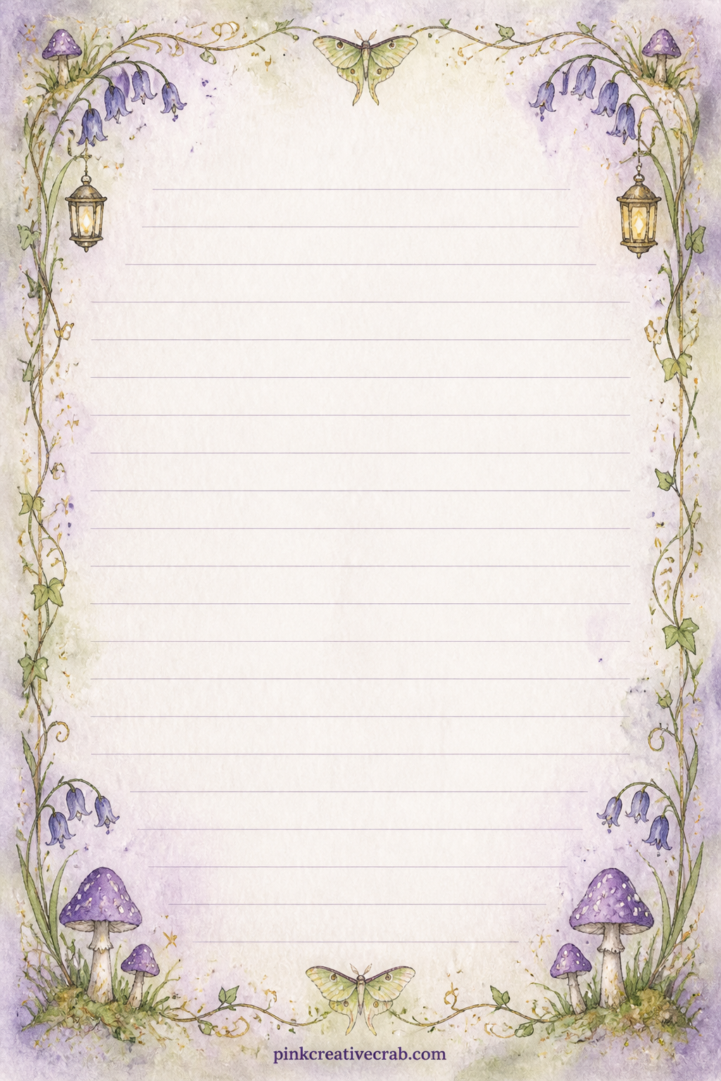 Gift List Lined Page printable page — Corner sprays of tiny bluebells frame faint ruled lines in the middle of the page, left open for a gift list, a wish list