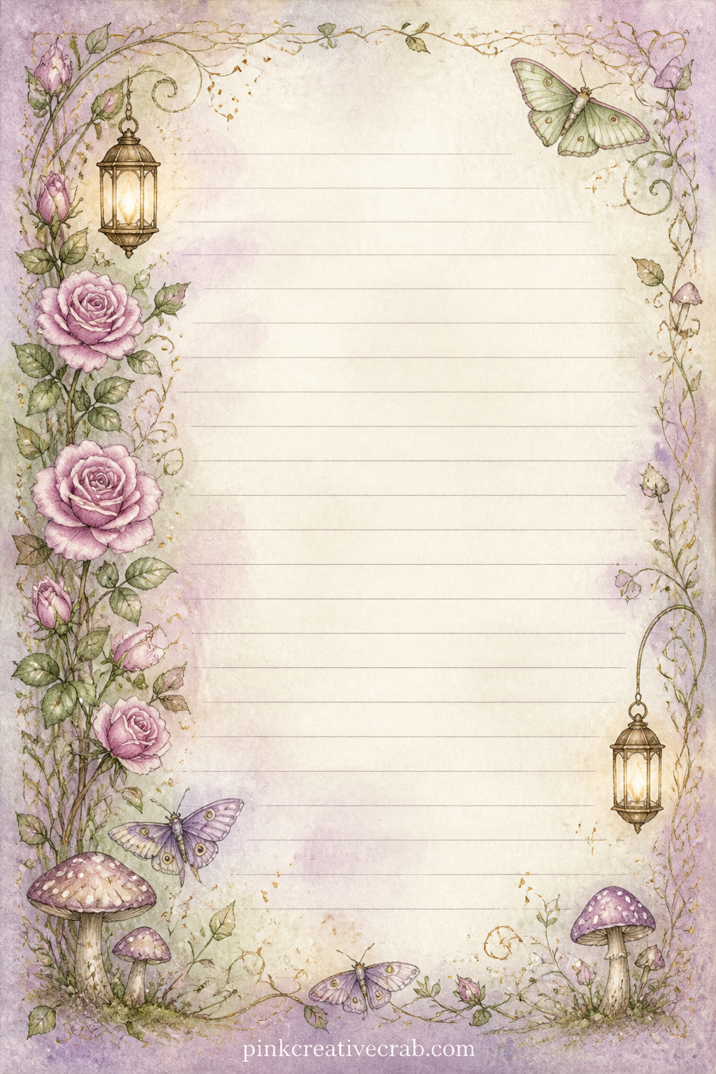 Garden Border Lined Page printable page — A narrow band of climbing roses runs down the left edge of the page, beside faint ruled lines ready for a garden