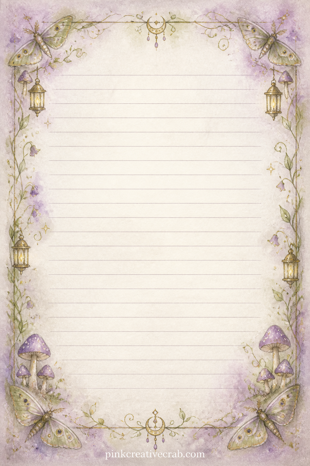 Moth Frame Lined Page printable page — Small moths rest at each corner of a thin painted frame, enclosing faint ruled lines fit for a dream recorded on waking