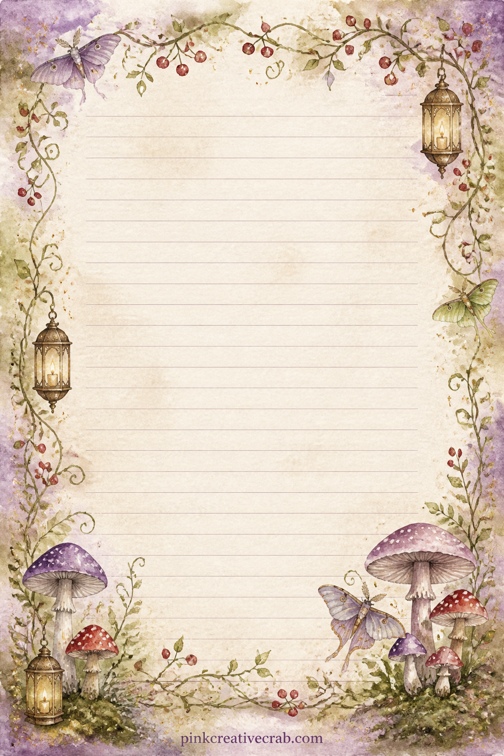 Vine and Berry Lined Page printable page — A thin vine strung with small red berries winds along the top edge of the page, above faint ruled lines left for a
