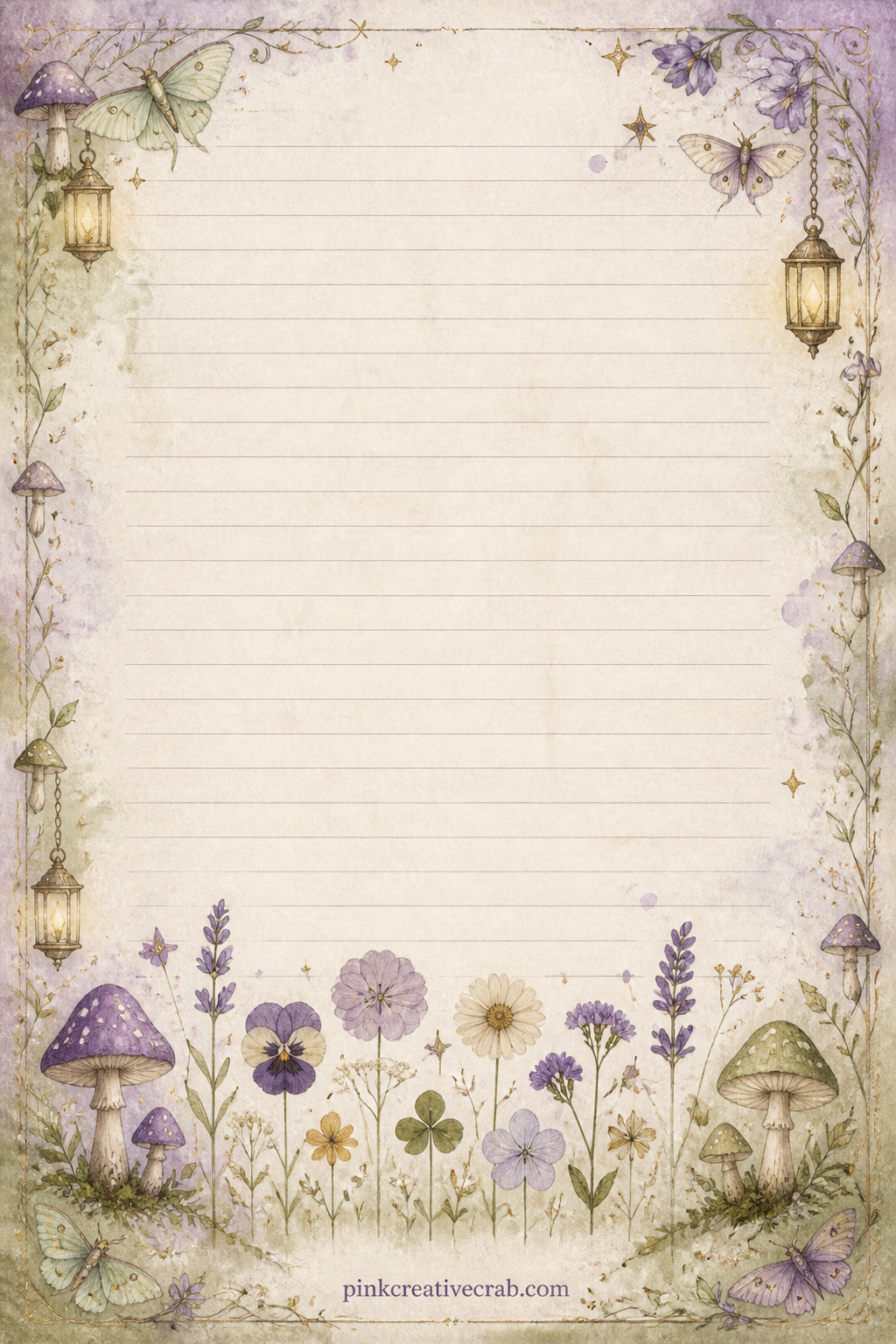 Pressed Flower Frame Lined Page printable page — Small pressed looking flowers sit along the bottom edge of the page like a kept keepsake, with faint ruled