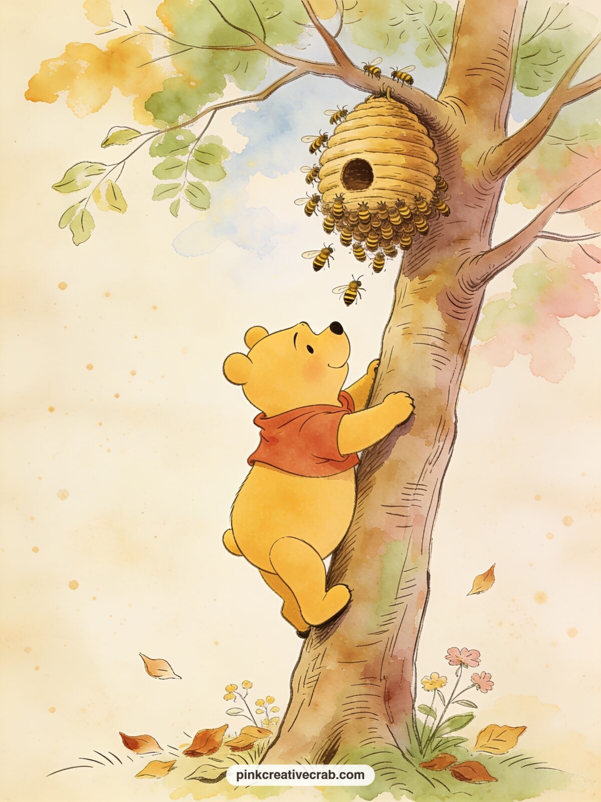 Pooh Climbing For Honey printable page — Pair this page with the honey pots and bees background from this set, matting the bee pattern as a strip along the